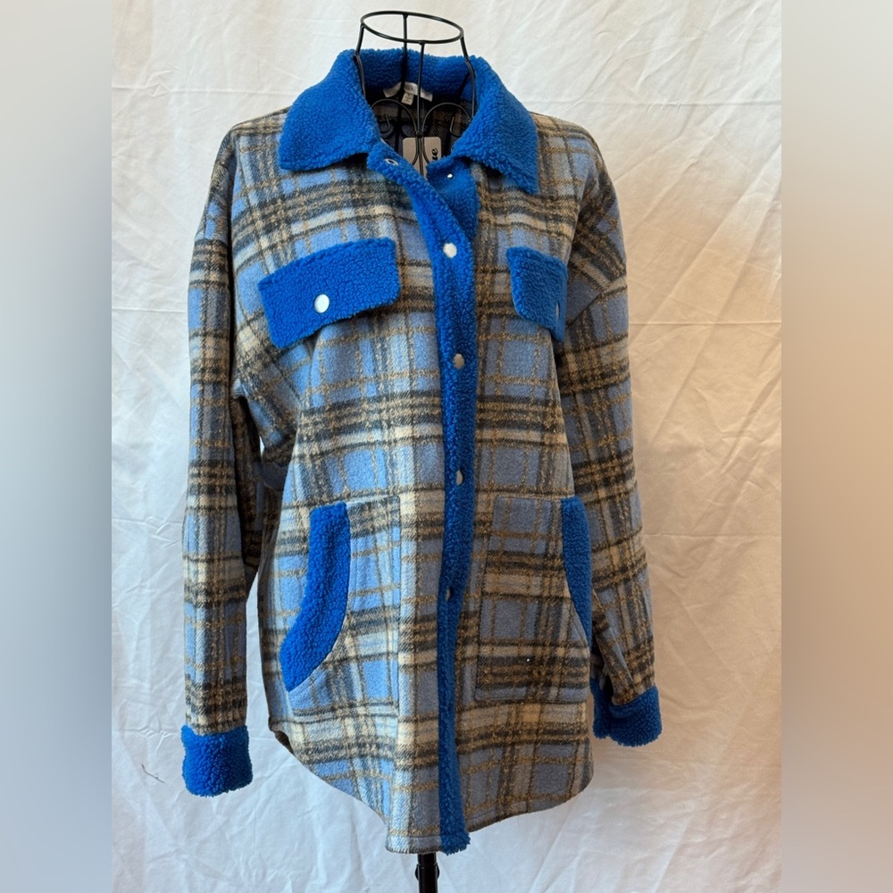 003 - Blue and Brown Plaid Teddy Jacket